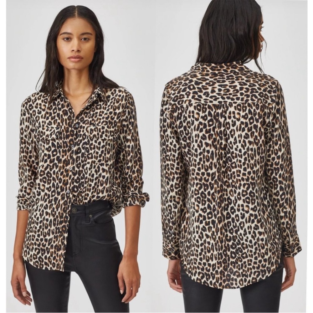 Equipment Silk Leopard Print Long Sleeve Button Down Blouse Top Cheetah Animal